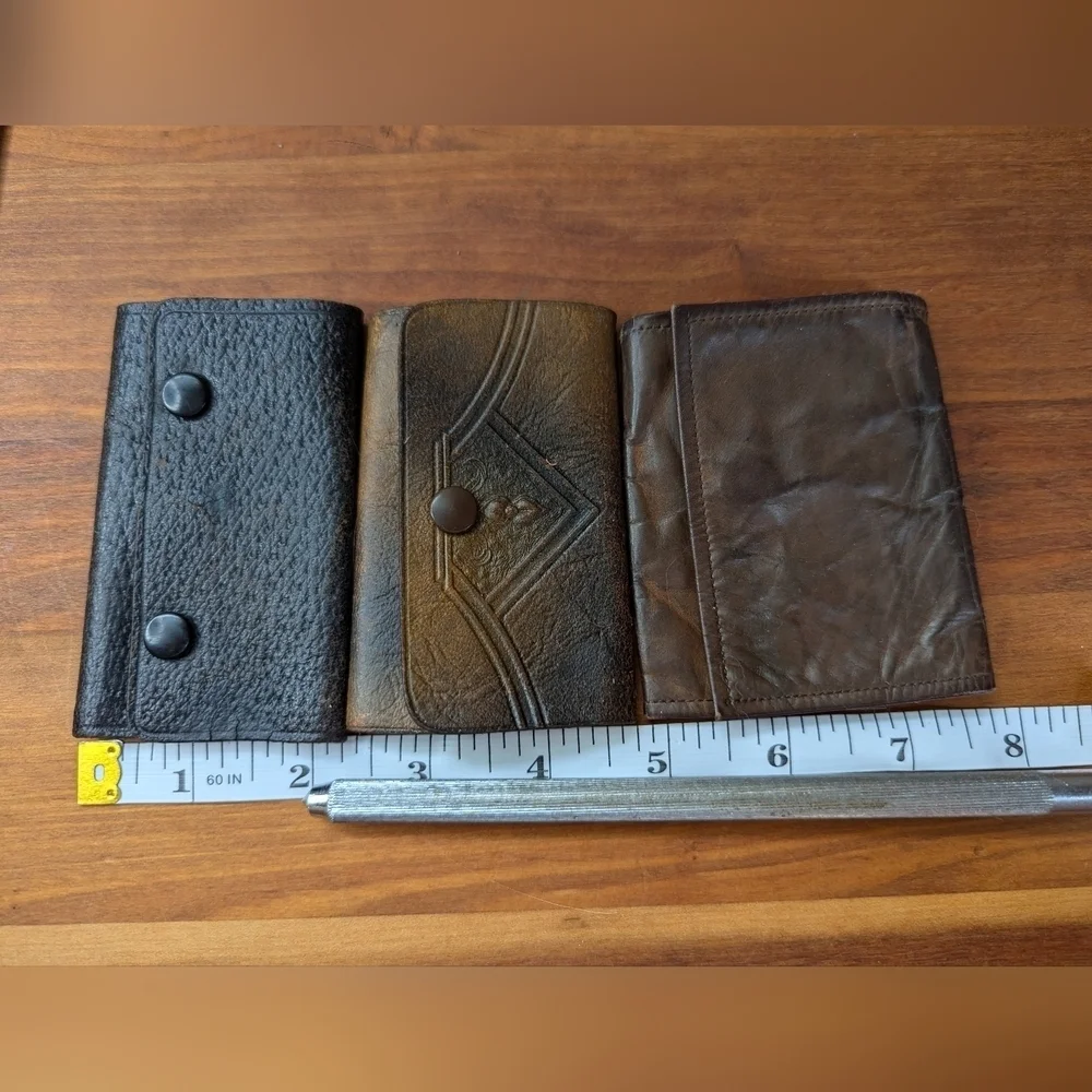 Vintage leather Key Cases, snap tri fold, 2 brown, 1 black, Wexford Hall